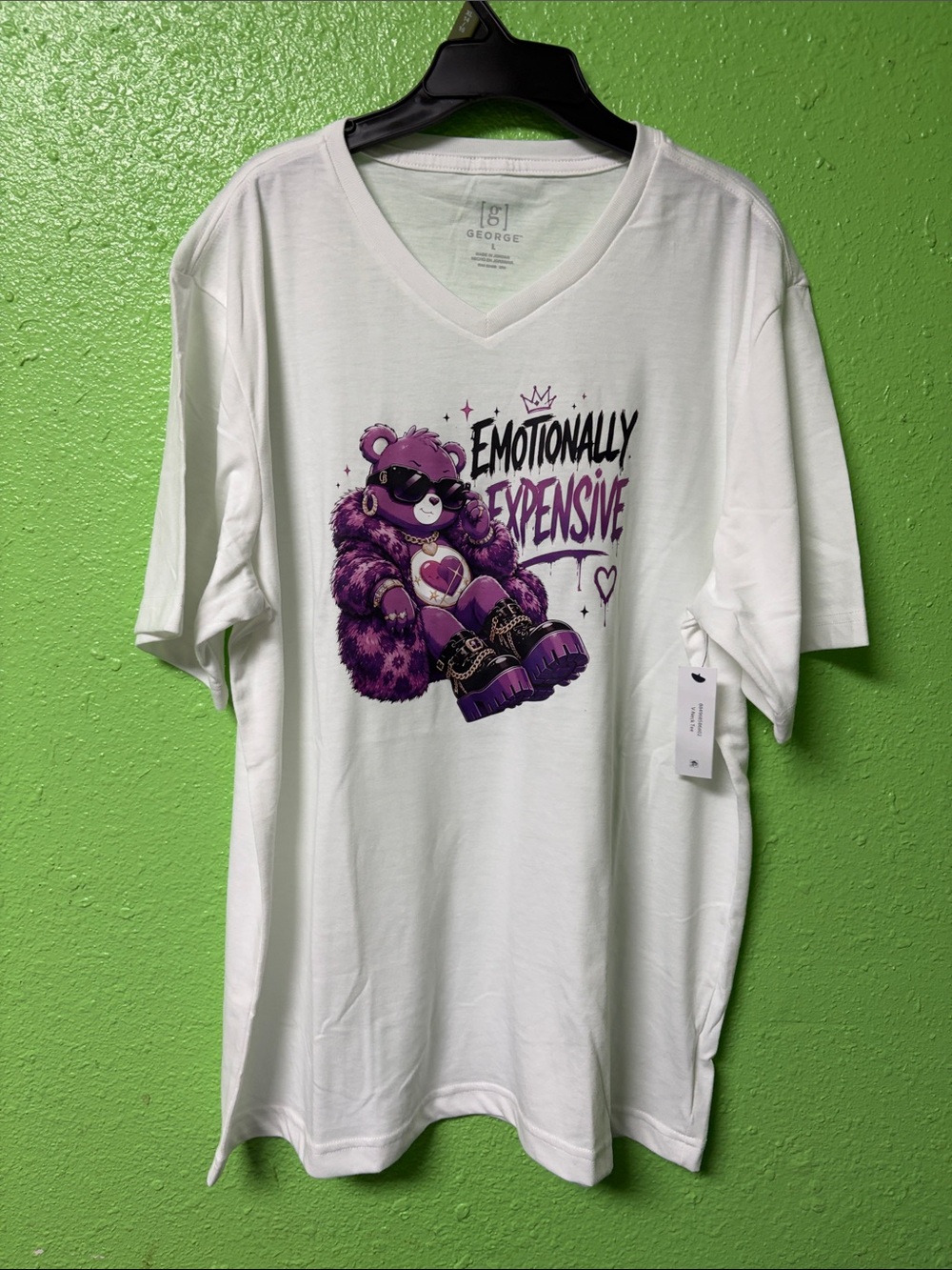 George White V-Neck Tee with Purple Bear Graphic - "Emotionally Expensive"